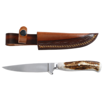 Couteau de chasse avec manche en bois de cerf et étui en cuir Couteau de chasse avec manche en bois de cerf et étui en cuir
